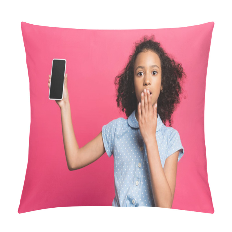 Personality  Shocked Curly African American Kid Presenting Smartphone Isolated On Pink Pillow Covers