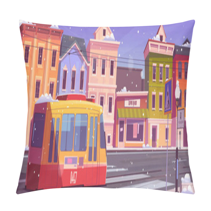 Personality  Tram Riding On Winter Retro City Street, Snow Fall Pillow Covers