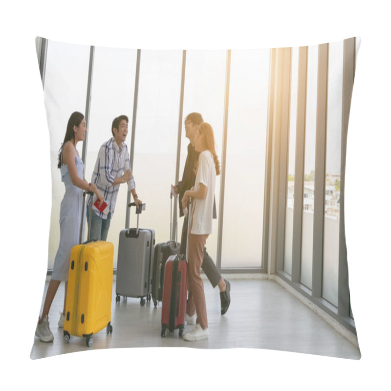 Personality  Young Group Of Happy People In Airport. Holiday Travel. Pillow Covers