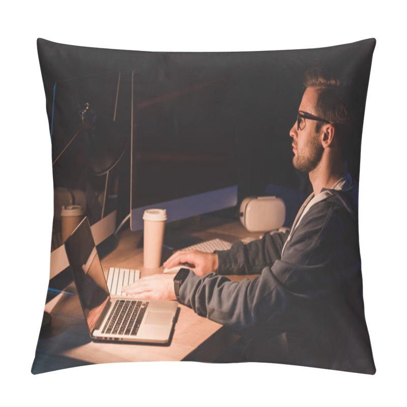 Personality  Side View Of Young Programmer In Eyeglasses Working With Laptop And Desktop Computer At Night Time Pillow Covers