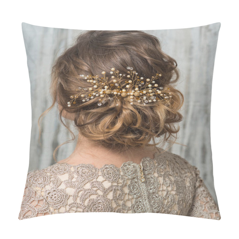 Personality  Close-up Image Of Beautiful Hairstyle Decorated By Gold Beaded Shiny Hair Accessory, Rear View Pillow Covers