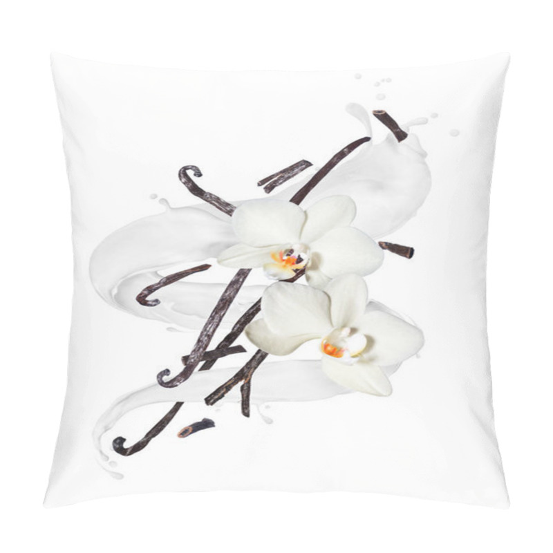 Personality  Dried Vanilla Sticks With Flowers In Twisted Milk Splashes On A White Background Pillow Covers