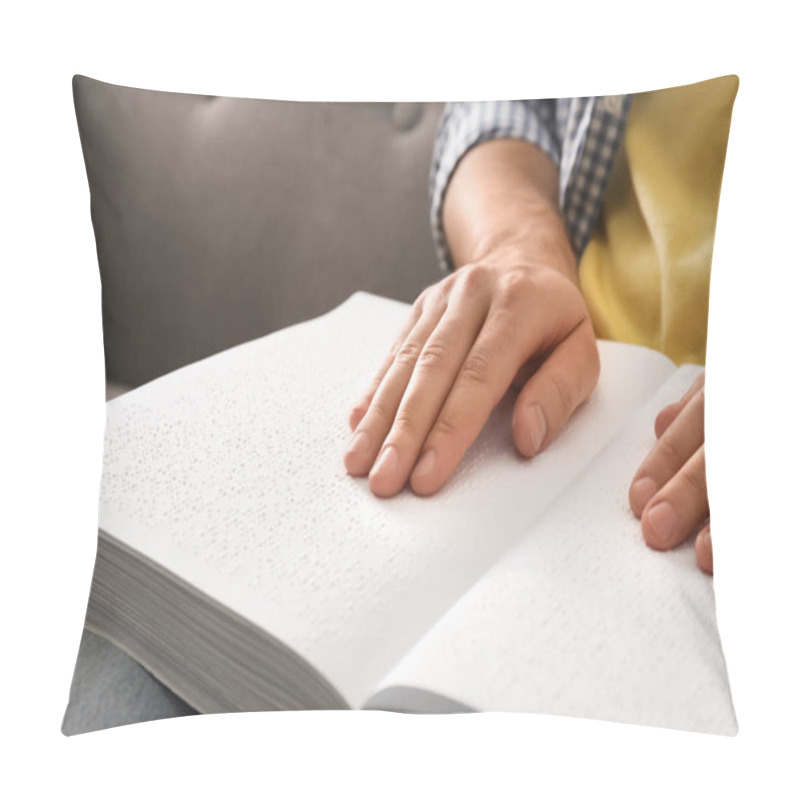 Personality  Blind Man Reading Book Written In Braille On Sofa, Closeup Pillow Covers