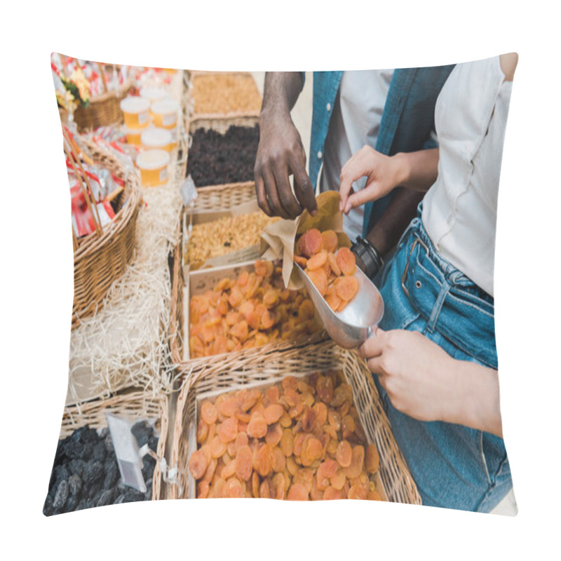 Personality  Cropped View Of Woman Holding Metal Scoop With Dried Apricots Near African American Man With Paper Bag In Supermarket  Pillow Covers