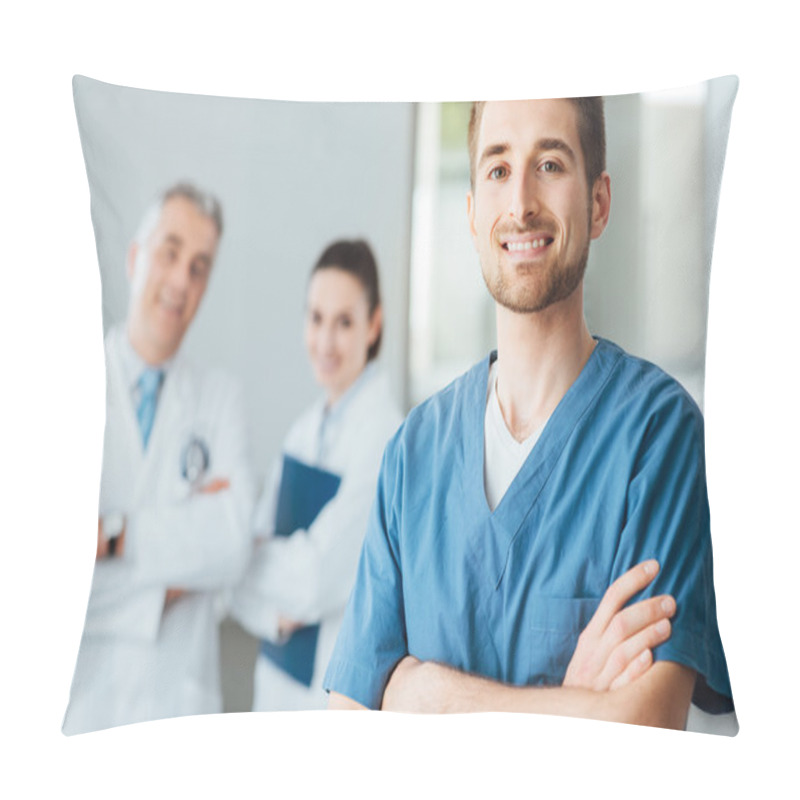 Personality  Young Doctor Posing And Smiling At Camera Pillow Covers