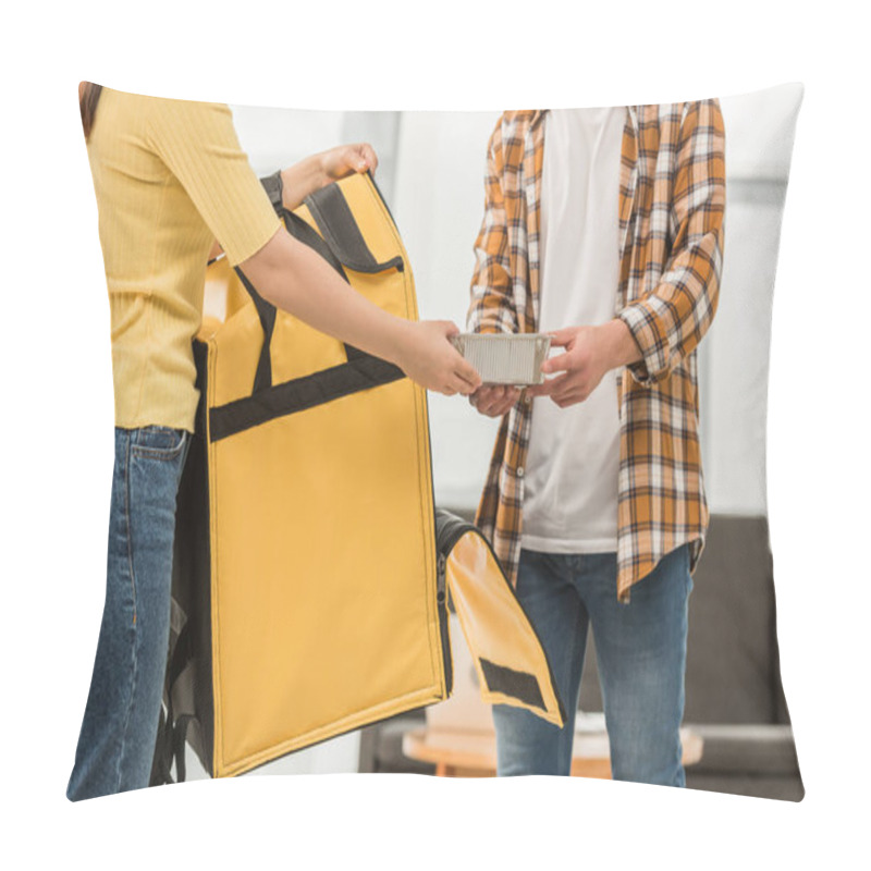 Personality  Cropped View Of Courier With Thermo Bag Giving Food Container To Man  Pillow Covers