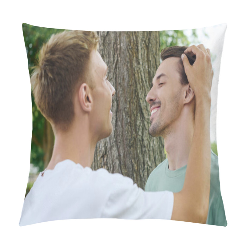 Personality  Two Joyful Men Embrace While Sharing A Heartfelt Smile In A Vibrant Outdoor Setting. Pillow Covers