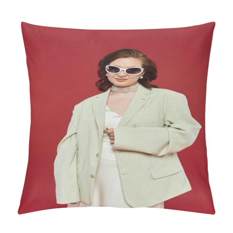 Personality  Charming Woman In Chic Attire Flaunts Her Style With A Bold Oversized Blazer And Accessories. Pillow Covers