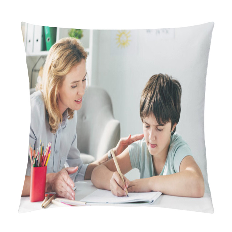 Personality  Kid With Dyslexia Drawing With Pencil And Child Psychologist Looking At It  Pillow Covers