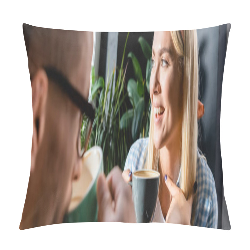 Personality  Cheerful Woman Holding Cup Near Friend Drinking Coffee On Blurred Foreground, Banner Pillow Covers