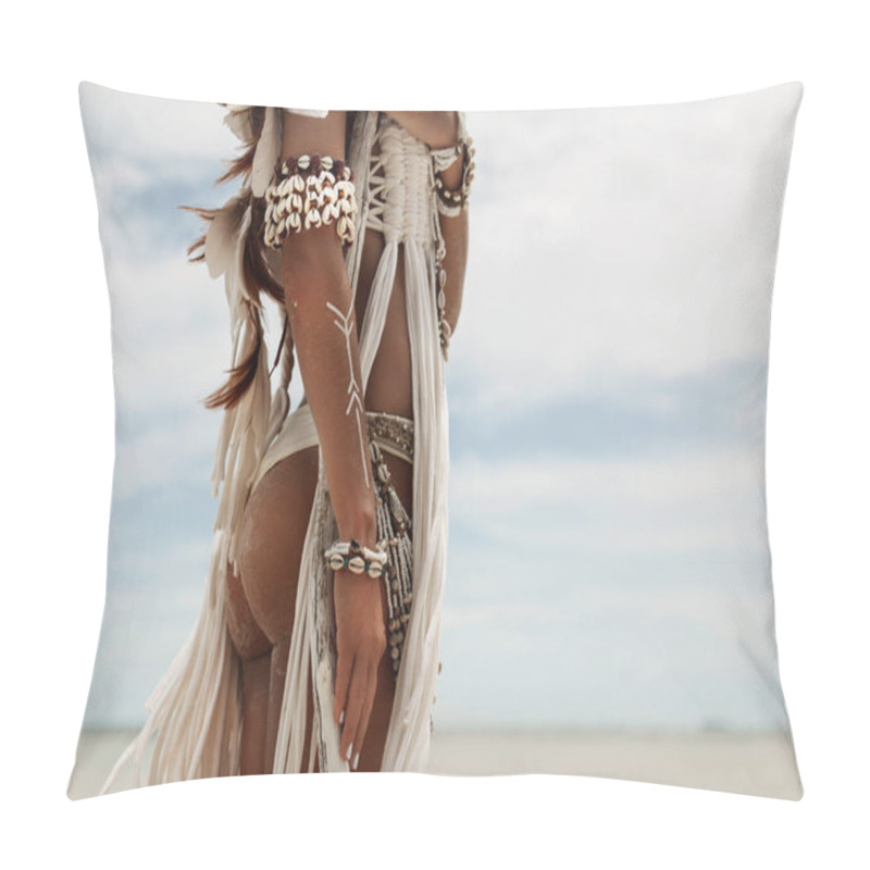 Personality  Cropped Image Of Wild Boho Woman In Native American Style And White Clothes Posing At Nature Pillow Covers