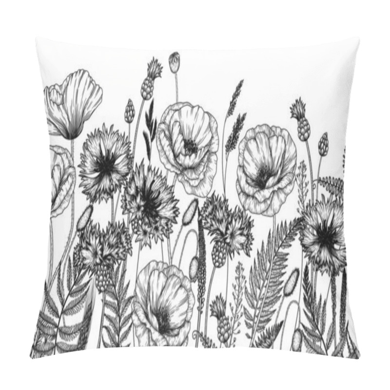 Personality   Seamless Horizontal Vector Pattern Wild Flowers In Engraving Style. Poppies, Cornflowers, Fern Pillow Covers