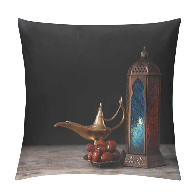 Personality  Composition With Muslim Lamp On Wooden Table. Fanous As Ramadan Symbol Pillow Covers