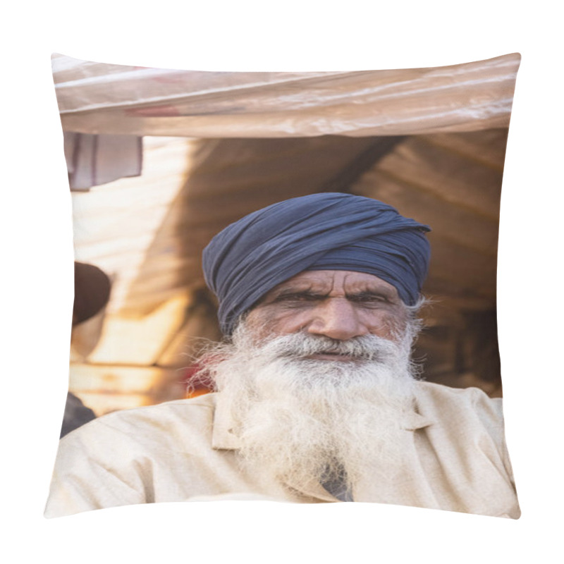 Personality  NEW DELHI, INDIA - JANUARY 2021 : Portrait Of Old Sikh Indian Farmers From Different States Protests At Ghazipur Border. Farmers Are Protesting Against The New Farm Laws In India. Pillow Covers