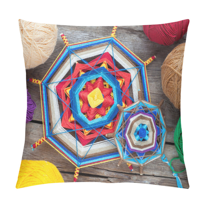 Personality  Two Knitted Tibetan Mandala From Threads And Yarn On Wooden Rust Pillow Covers