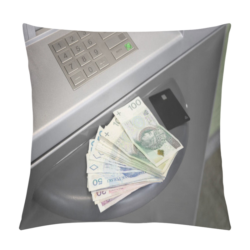 Personality  ATM. Cash Withdrawal. Cash. Polish Zloty With Credit Card Pillow Covers