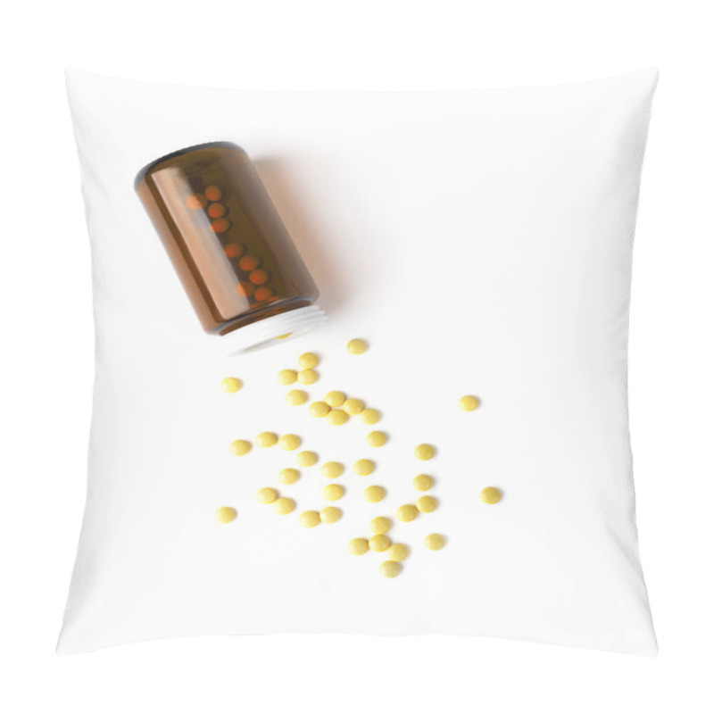 Personality  Top View Of The Spilled Yellow Pills From The Medicine Glass Bottle. White Surface. Pillow Covers