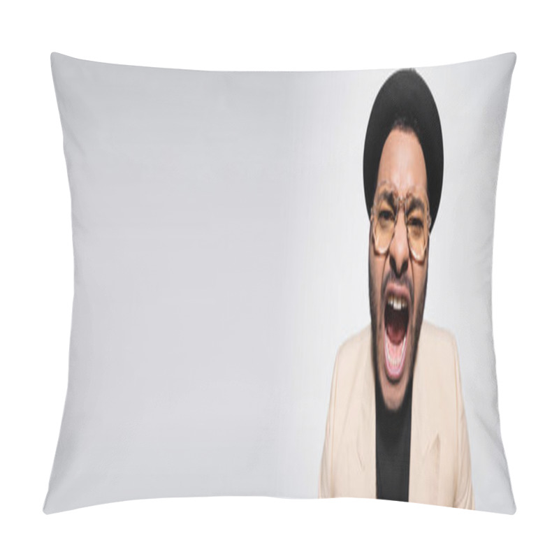 Personality  Emotional Indian Hip Hop Performer In Fedora Hat And Eyeglasses Screaming Isolated On Grey, Banner Pillow Covers