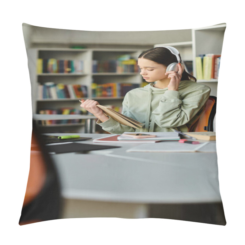 Personality  A Teenage Girl, Wearing Headphones, Focuses On Her Laptop While Sitting At A Desk In A Library. Pillow Covers