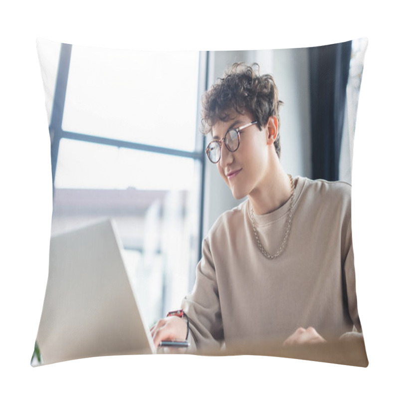 Personality  Smiling Businessman With Pen Looking At Laptop In Office  Pillow Covers