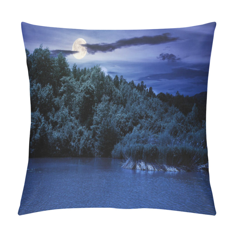 Personality  Mountain Scenery With Lake In Spring At Night. Wonderful Rural Landscape With Deciduous Trees On The Shore In Full Moon Light. Clouds On The Sky Pillow Covers