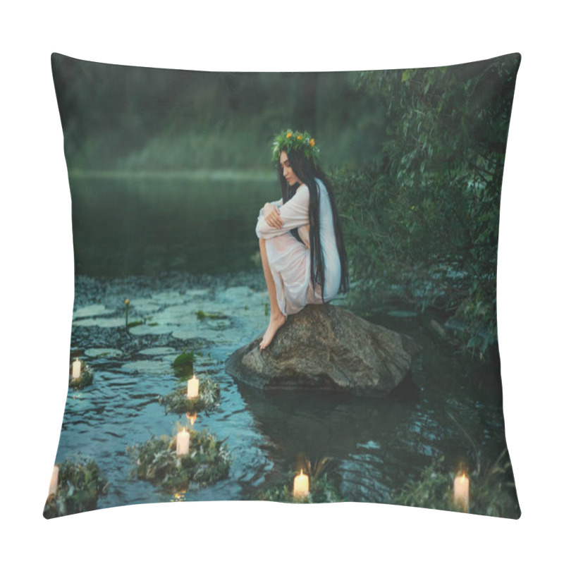 Personality  Slavic Girl Sits On Stone On Shore Lake. Nymph Fantasy Woman Hugs Knees. Long Black Hair. Wreaths Of Grass, Flowers Float On Water. Candles Burning. River Dusk Forest Green Tree. Holiday Ivan Kupala. Pillow Covers