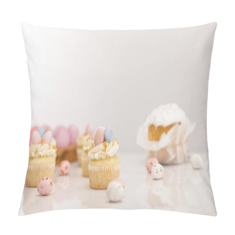 Personality  Selective Focus Of Cupcakes With Painted Chicken And Quail Eggs Near Easter Cake On Grey Background Pillow Covers