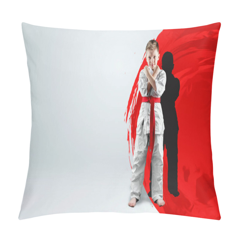 Personality  A Boy In A White Kimono With A Red Belt Against The Background Of A Red Circle, The Sun. Karate Concept, Goal, Training, Achievement Pillow Covers