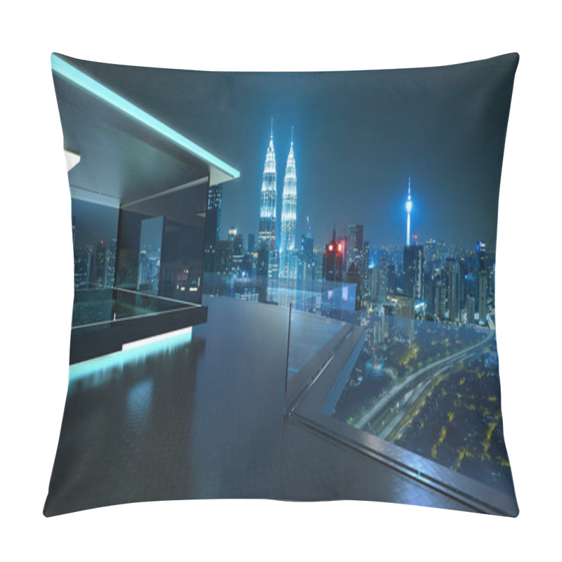 Personality  3D Rendering Of A Modern Glass Balcony With Kuala Lumpur City Skyline Real Photography Background, Night Scene .Mixed Media . Pillow Covers