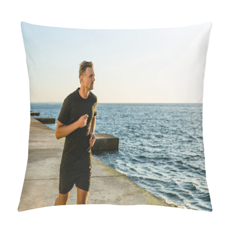 Personality  Adult Sportsman Jogging On Seashore In Morning Pillow Covers