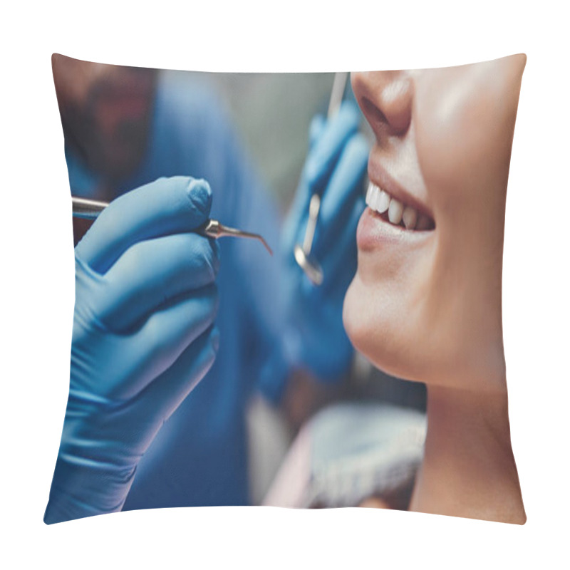 Personality  Attractive Young Woman In Stomatology Clinic With Male Dentist. Healthy Teeth Concept. Pillow Covers