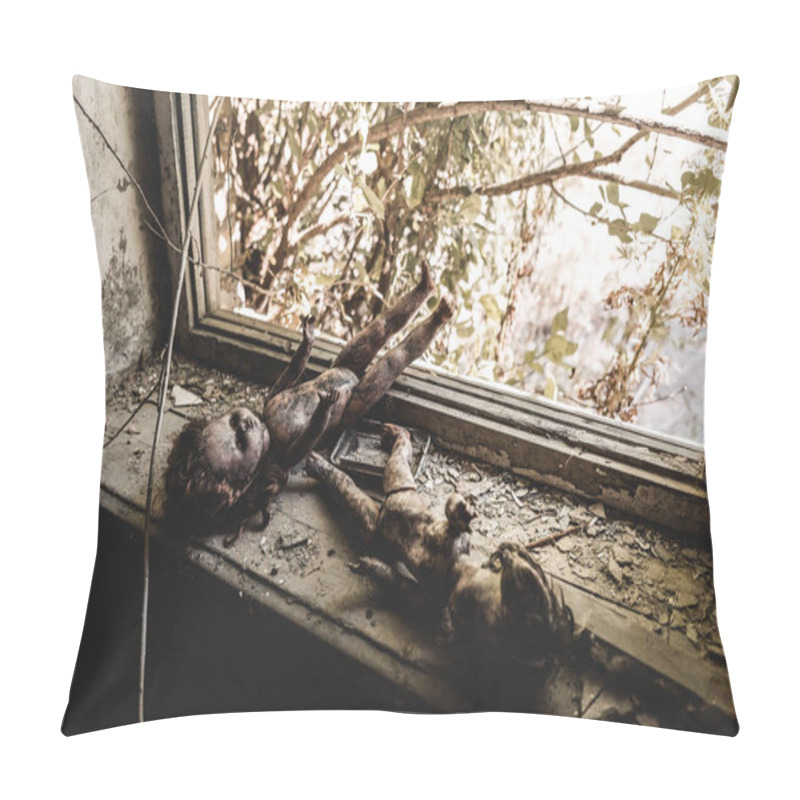 Personality  Selective Focus Of Scary And Burnt Baby Dolls Near Window, Post Apocalyptic Concept Pillow Covers