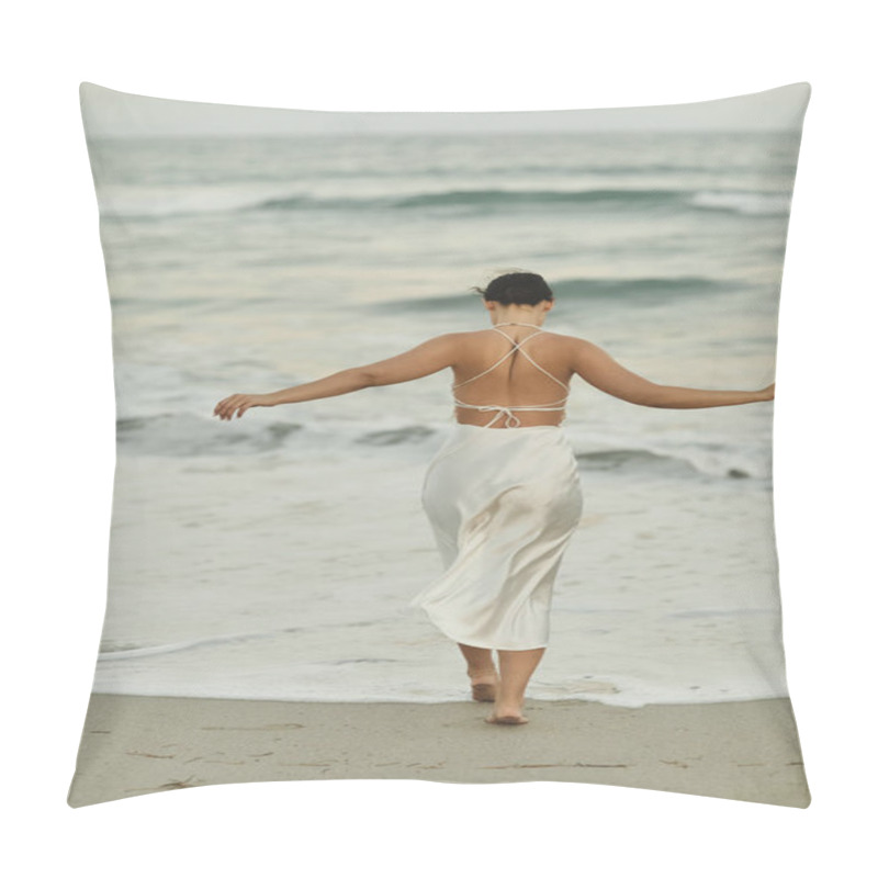 Personality  A Young Woman In A White Dress Walks Along The Sandy Shore Of Miami Beach. Pillow Covers