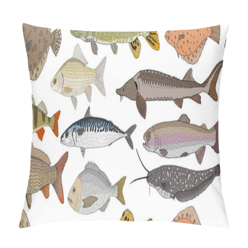 Personality  Seamless Pattern Of Hand Drawn River And Sea Fish. Turbot And Pike And Flounder And Perch And Crucian Carp And Sturgeon, Carp And Mackerel, Dorado, Rainbow Trout And Catfish. Vector Illustration Pillow Covers