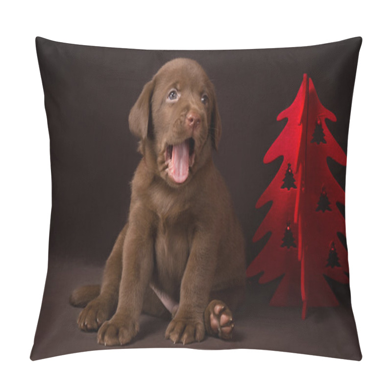 Personality  Chocolate Labrador Puppy Sitting On Brown Background Near The Christmas Tree And Yawns Pillow Covers