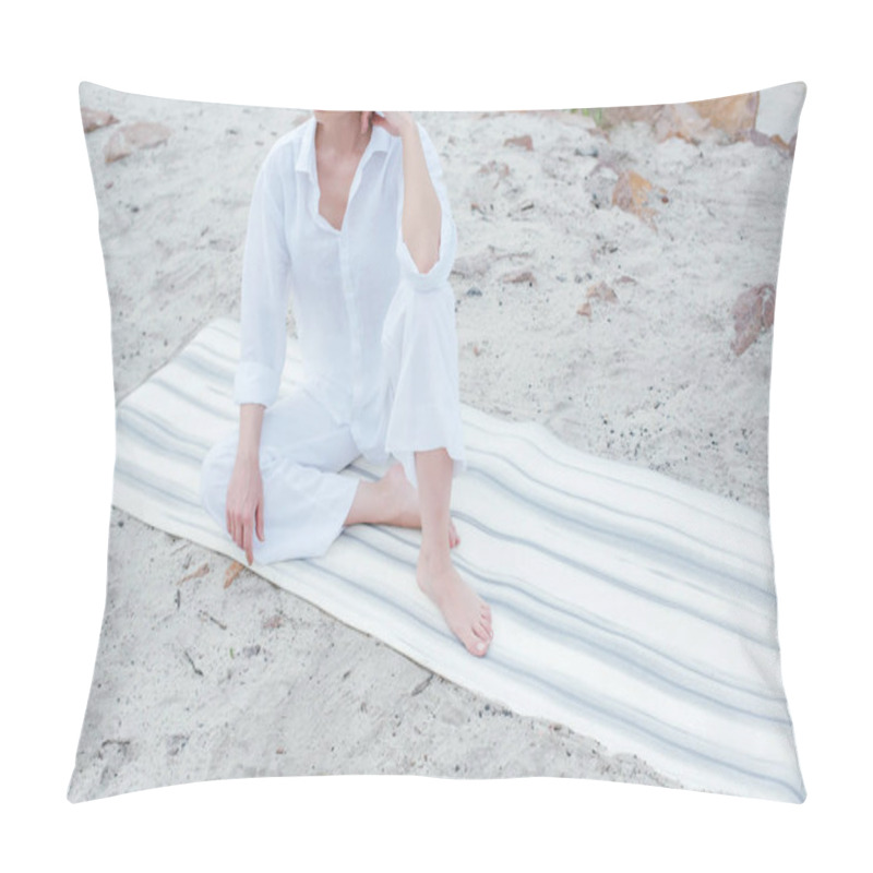 Personality  Cropped View Of Young Woman Sitting On Yoga Mat Near Sea  Pillow Covers