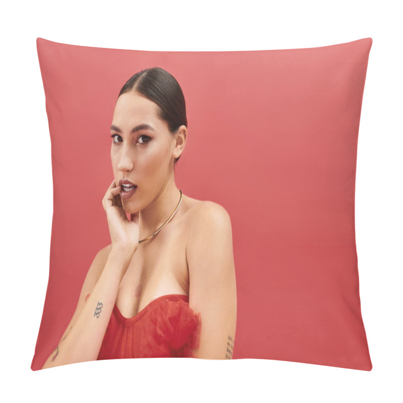 Personality  A Captivating Young Woman With An Elegant Style Poses With Grace Against A Bold Red Wall. Pillow Covers