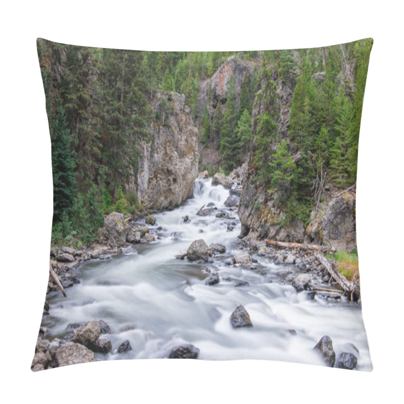 Personality  Long Exposure Of A Waterfall And River Flowing Through A Canyon With Spruce And Fir Trees - Firehole River Canyon In Yellowstone National Park Pillow Covers