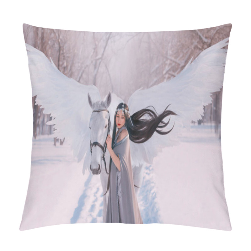 Personality  Young Beautiful Elf Princess Woman Stroking Mythical Animal Unicorn Horse. Fairy Tale Pegasus Spread White Magic Wings. Black Hair Wig Fly In Wind. Silver Diadem. Backdrop Snow Winter Forest Sunlight Pillow Covers