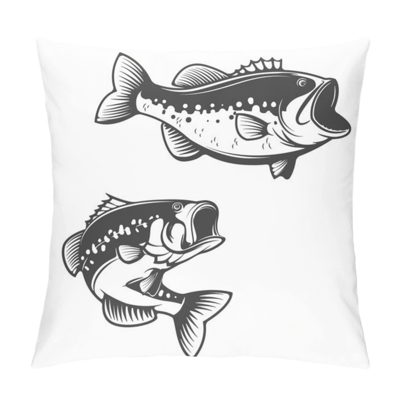 Personality  Sea Bass Fish Silhouettes Isolated On White Background. Design E Pillow Covers