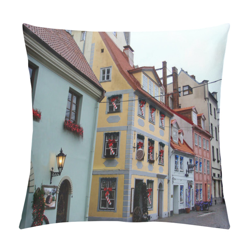 Personality  View Of The Houses With Christmas Decoration On The Winter Day. Riga. Latvia.The Baltic States. Pillow Covers