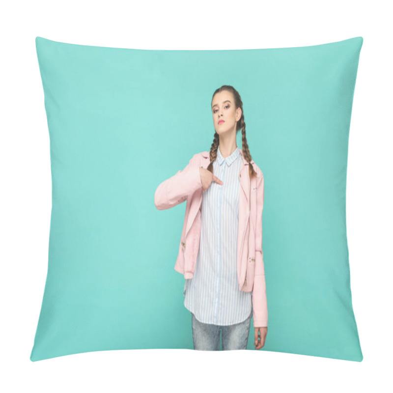 Personality  Young Woman With Pigtail Hairstyle Showing Its Me! Gesture On Blue Background Pillow Covers