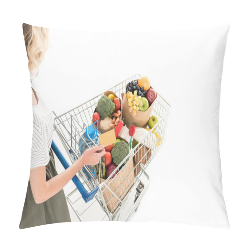 Personality  Cropped Shot Of Woman Holding Credit Card And Shopping Trolley With Grocery Bags Isolated On White Pillow Covers