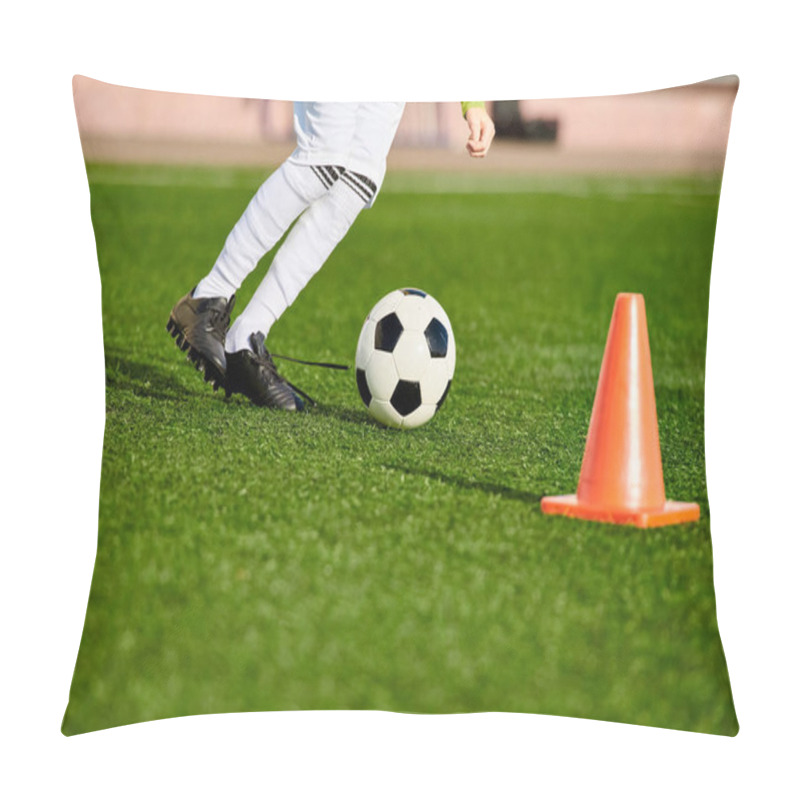 Personality  A Young Boy Displaying Impressive Soccer Skills As He Kicks A Ball Around A Cone, Showcasing His Agility And Precision On The Field. Pillow Covers