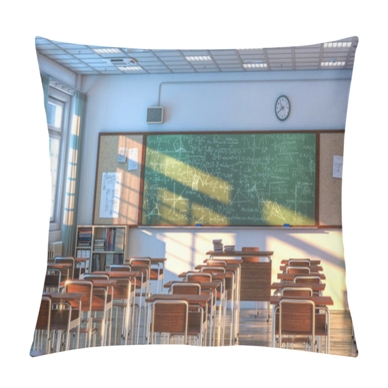 Personality  Interior Of A School Classroom With Wooden Desks And Chairs. Nobody Around. 3d Render Pillow Covers