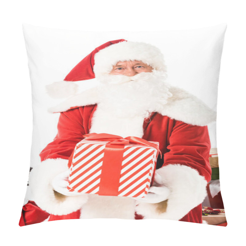 Personality  Santa Claus Holding Striped Gift Box And Looking At Camera Isolated On White Pillow Covers