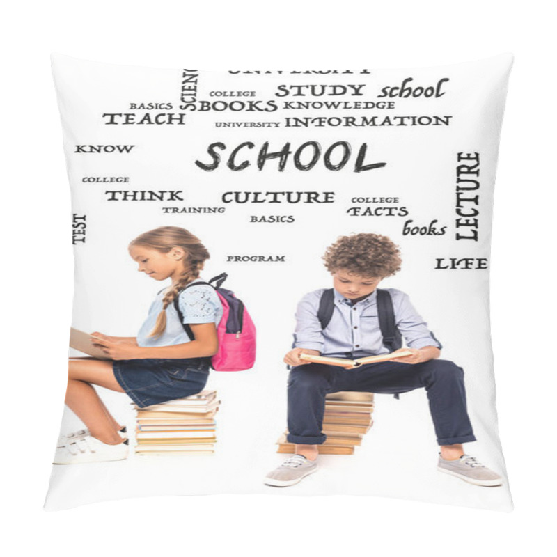 Personality  Schoolkids Sitting On Books And Reading Near Lettering On White Pillow Covers