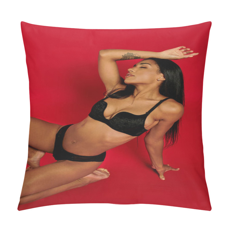 Personality  A Graceful Young African American Woman Poses In Black Lingerie Against A Red Backdrop. Pillow Covers