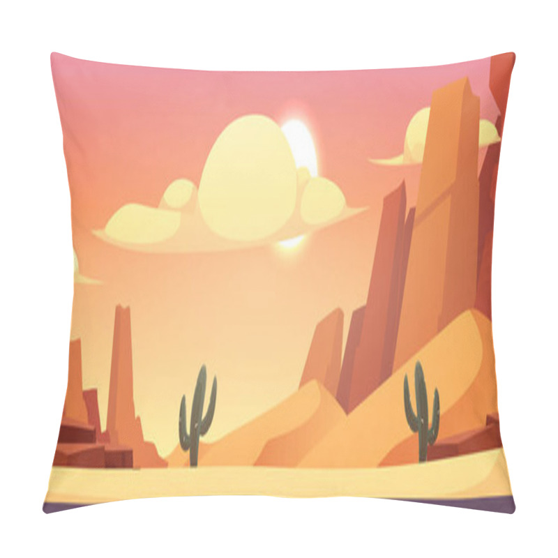 Personality  Desert Landscape With Sand Dunes, Mountains And Cactus Plant. Cartoon Sun And Clouds Under Sandy Hills. Vector Flat Illustration Hot Dry African Nature Background. Wilderness View From The Road Pillow Covers