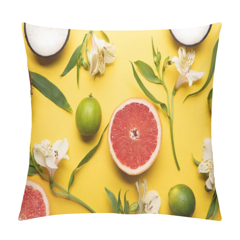 Personality  Top View Of Ripe Organic Tropical Fruits On Yellow Background With Alstroemeria Flowers Pillow Covers